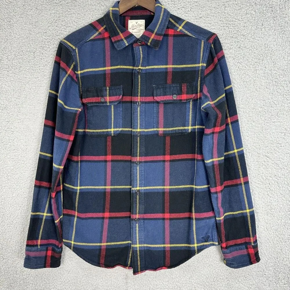 American Eagle Button Up Flannel Shirt Mens Small Blue Plaid Heritage Preppy - Picture 1 of 7